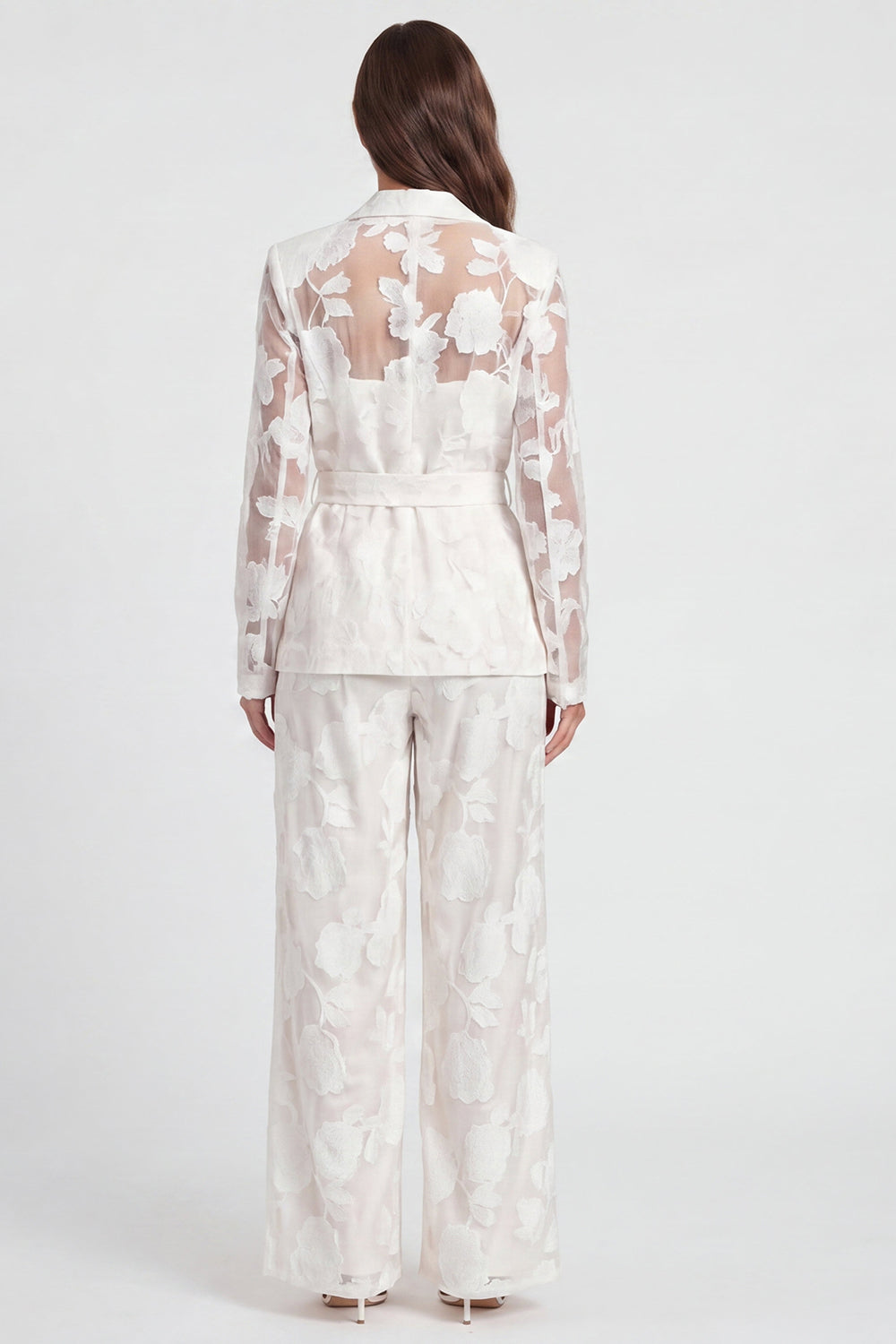 Floral 2 Piece Ivory Notched Lapel Long Sleeves Lace Business Suits
