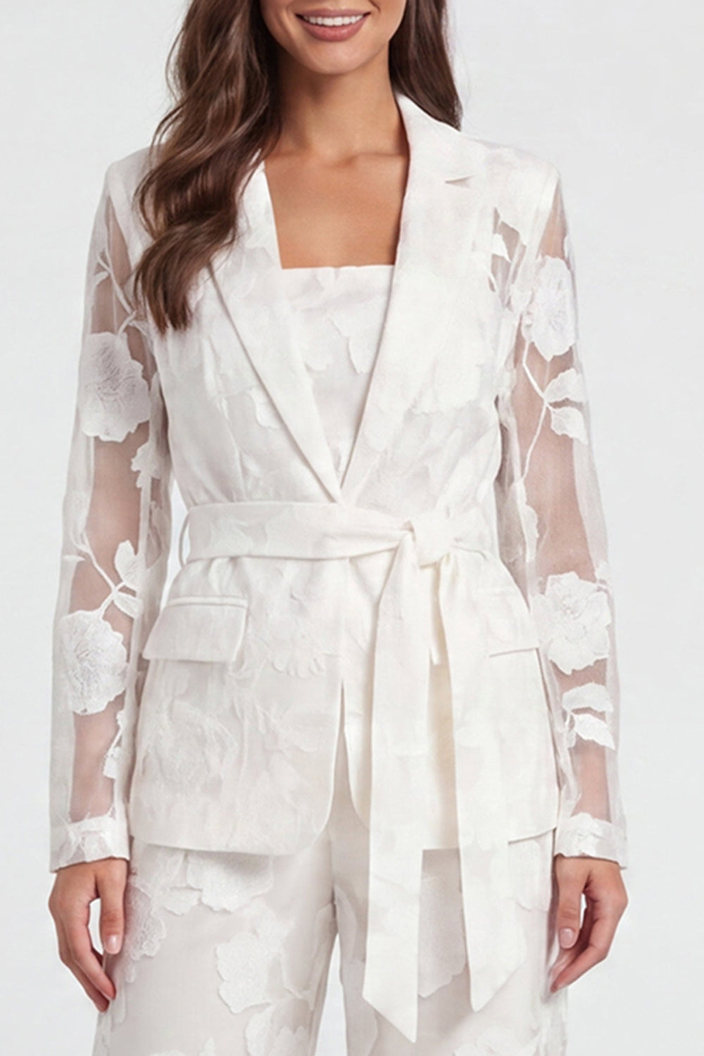 Floral 2 Piece Ivory Notched Lapel Long Sleeves Lace Business Suits