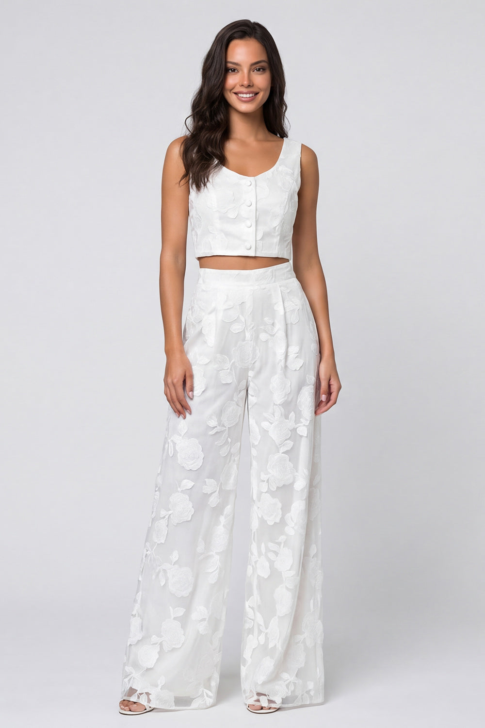 Scoop Floral 2 Piece Ivory Single Breasted Lace Business Suits