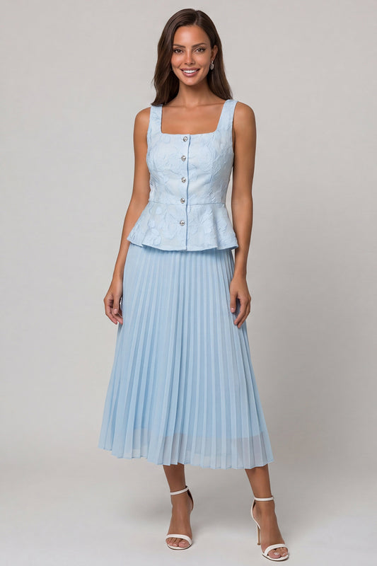 Sky Blue 2 Piece Single Breasted Floral Long Work Dress with Pleats