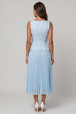 Sky Blue 2 Piece Single Breasted Floral Long Work Dress with Pleats