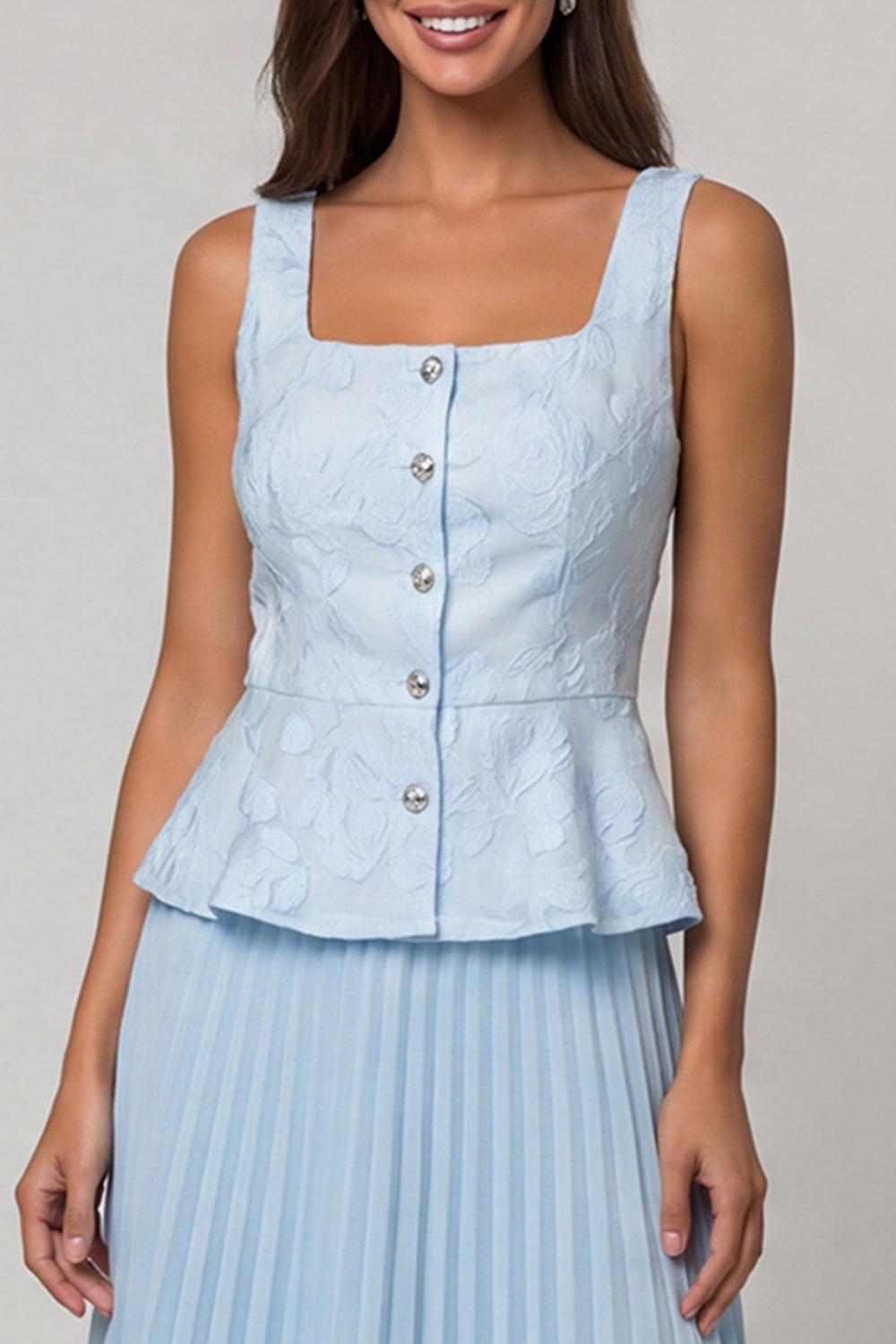 Sky Blue 2 Piece Single Breasted Floral Long Work Dress with Pleats