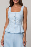 Sky Blue 2 Piece Single Breasted Floral Long Work Dress with Pleats