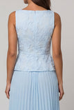 Sky Blue 2 Piece Single Breasted Floral Long Work Dress with Pleats