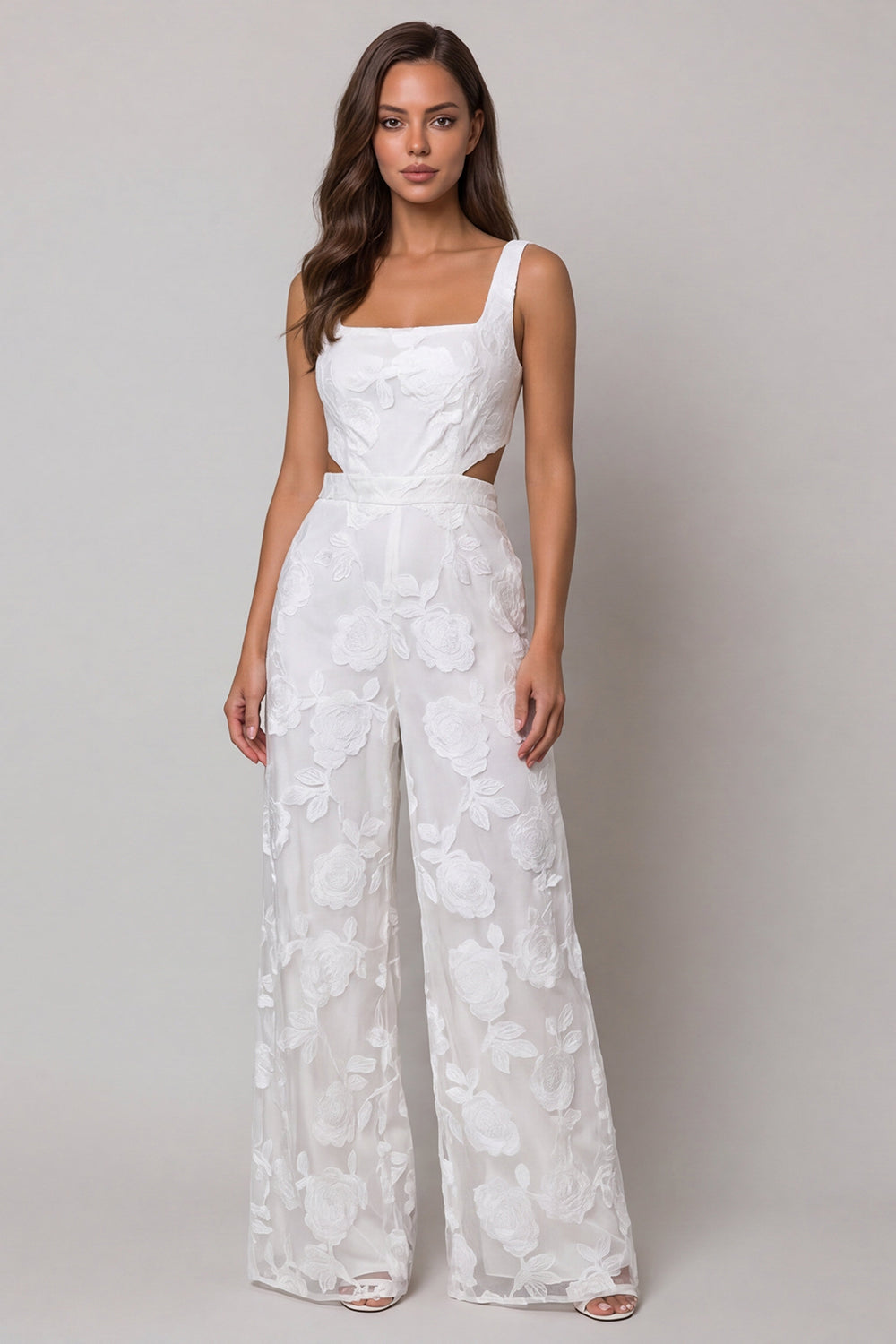 Square Neck Floral Ivory Cut Out Wide Leg Lace Work Jumpsuits