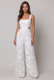 Square Neck Floral Ivory Cut Out Wide Leg Lace Work Jumpsuits