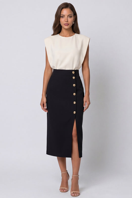 Ivory and Black Patchwork Color Block Pencil Midi Work Dress with Slit