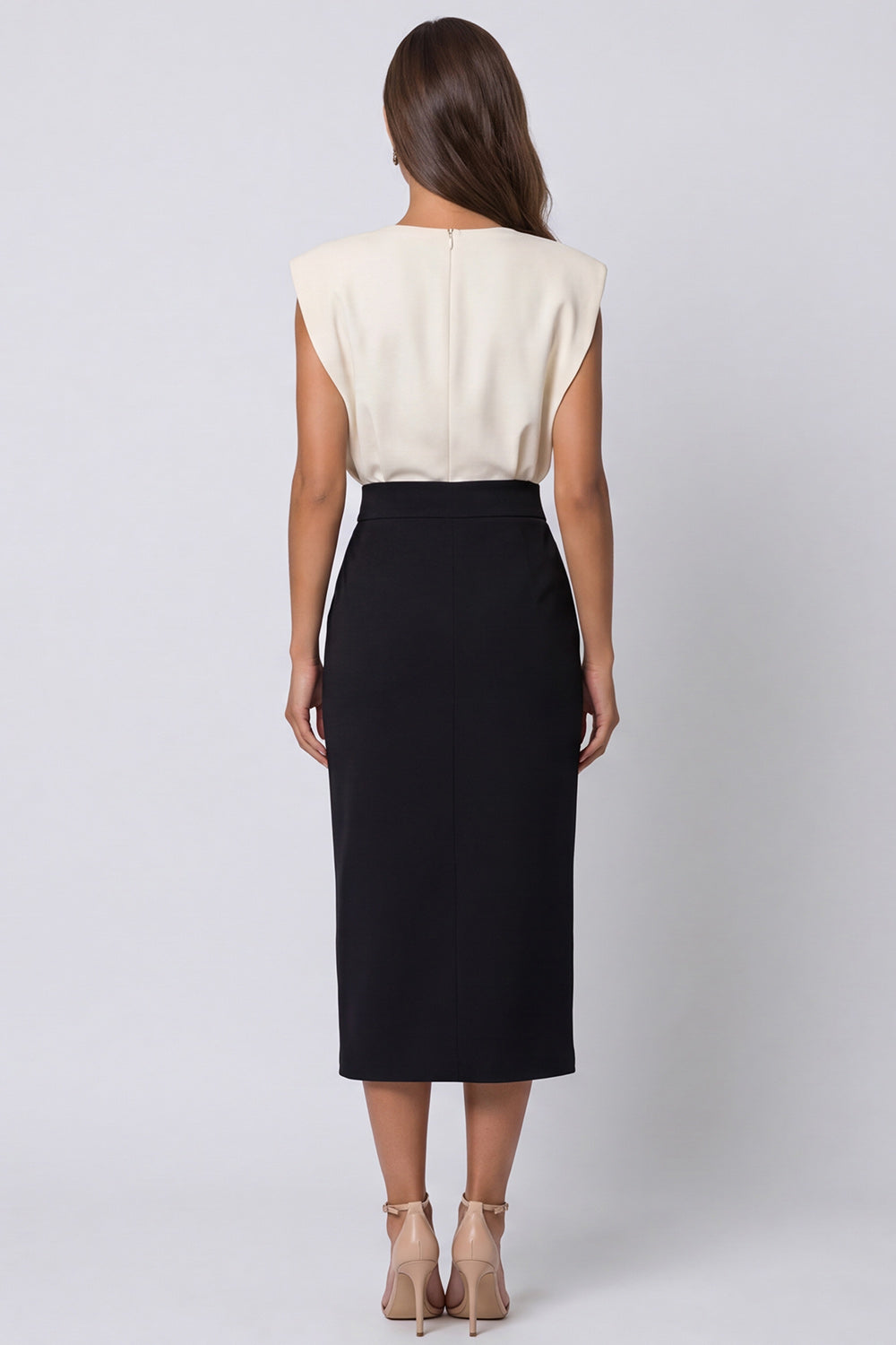 Ivory and Black Patchwork Color Block Pencil Midi Work Dress with Slit