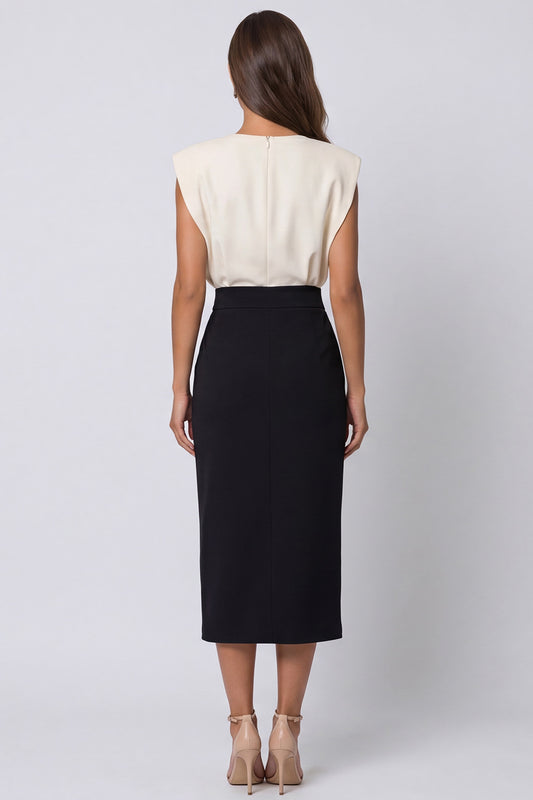 Ivory and Black Patchwork Color Block Pencil Midi Work Dress with Slit