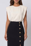 Ivory and Black Patchwork Color Block Pencil Midi Work Dress with Slit
