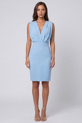Sky Blue V-Neck Ruched Pencil Short Work Dress