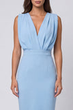 Sky Blue V-Neck Ruched Pencil Short Work Dress