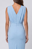 Sky Blue V-Neck Ruched Pencil Short Work Dress