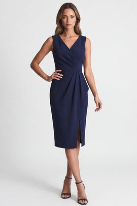 Navy V-Neck Ruched Pencil Midi Work Dress with Slit
