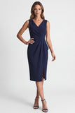 Navy V-Neck Ruched Pencil Midi Work Dress with Slit