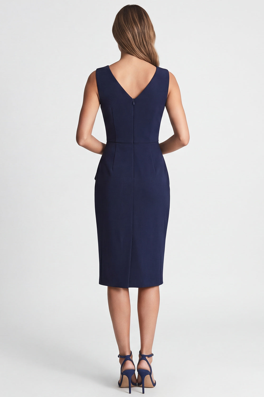 Navy V-Neck Ruched Pencil Midi Work Dress with Slit