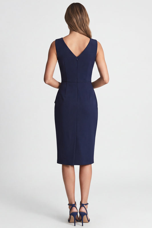 Navy V-Neck Ruched Pencil Midi Work Dress with Slit