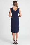 Navy V-Neck Ruched Pencil Midi Work Dress with Slit