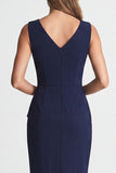 Navy V-Neck Ruched Pencil Midi Work Dress with Slit