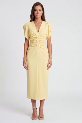 Light Yellow V-Neck Ruched Pencil Long Work Dress