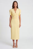Light Yellow V-Neck Ruched Pencil Long Work Dress