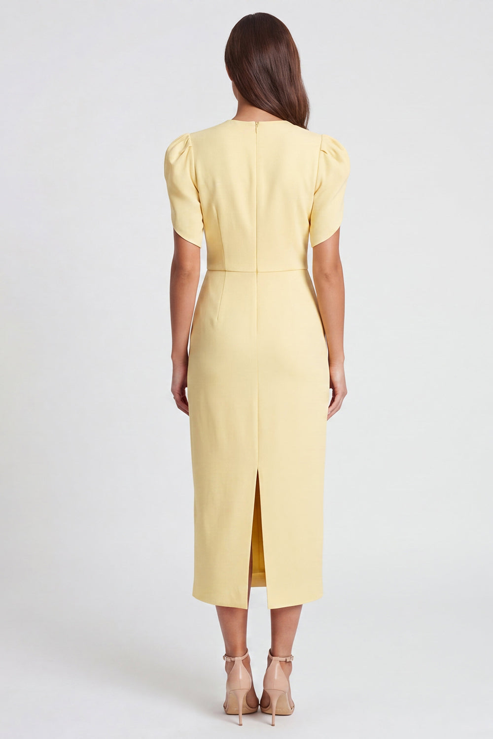 Light Yellow V-Neck Ruched Pencil Long Work Dress