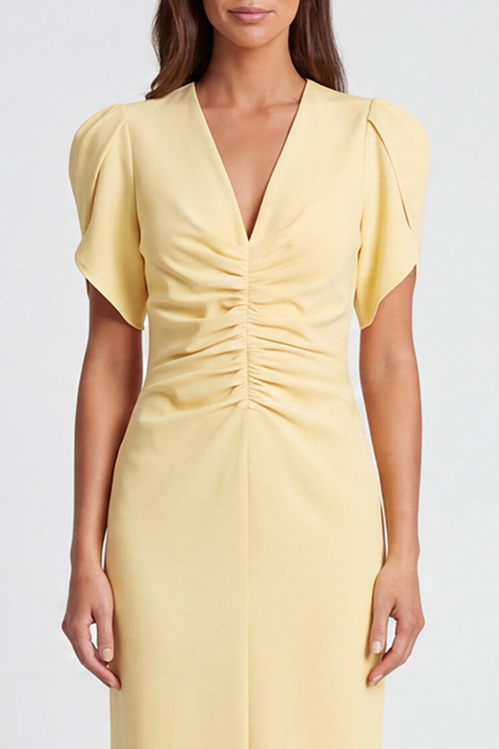 Light Yellow V-Neck Ruched Pencil Long Work Dress