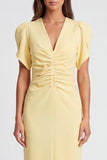 Light Yellow V-Neck Ruched Pencil Long Work Dress