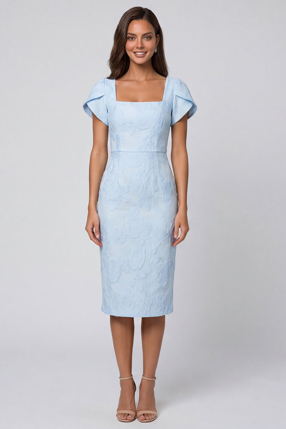 Sky Blue Square Neck Jacquard Midi Work Dress with Back Slit