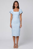 Sky Blue Square Neck Jacquard Midi Work Dress with Back Slit