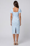 Sky Blue Square Neck Jacquard Midi Work Dress with Back Slit