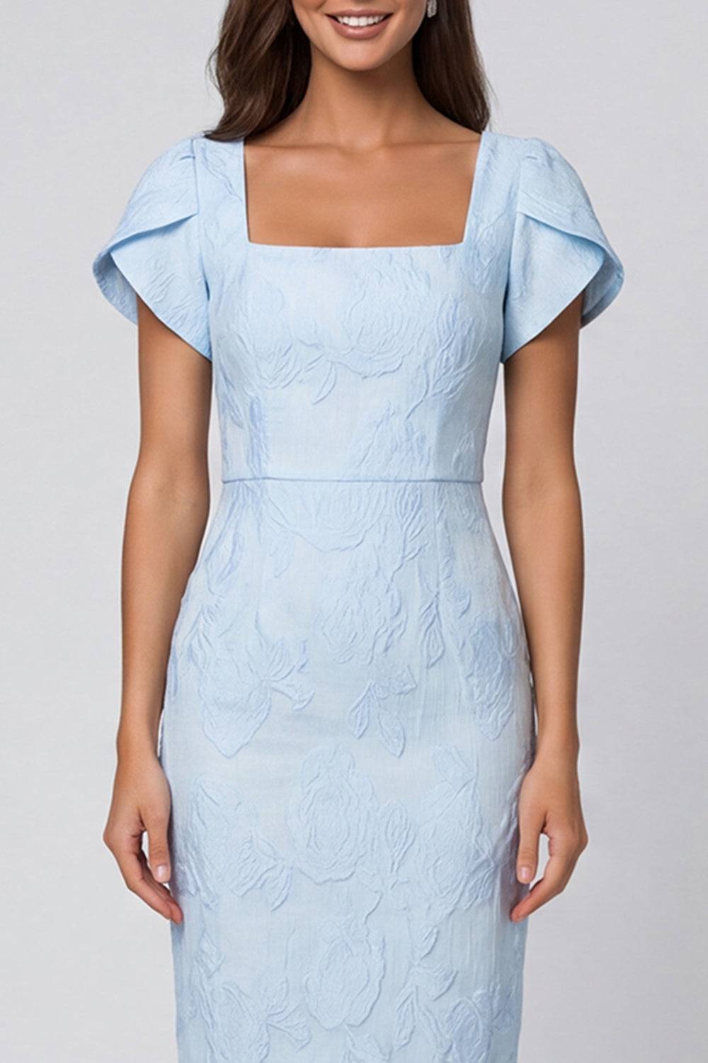 Sky Blue Square Neck Jacquard Midi Work Dress with Back Slit