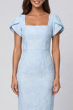 Sky Blue Square Neck Jacquard Midi Work Dress with Back Slit