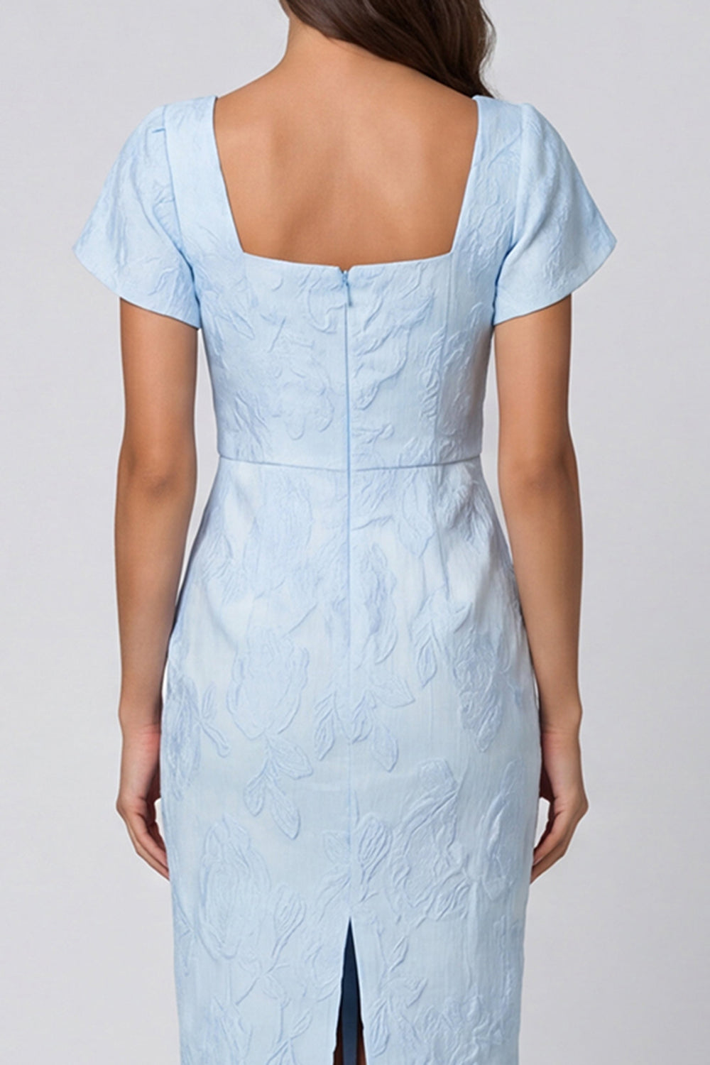 Sky Blue Square Neck Jacquard Midi Work Dress with Back Slit