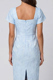 Sky Blue Square Neck Jacquard Midi Work Dress with Back Slit