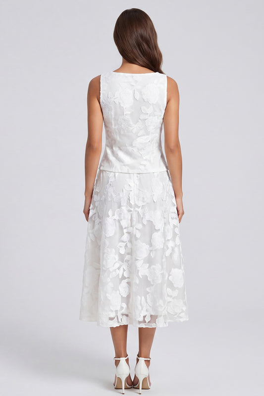 Ivory 2 Piece Single Breasted Scoop Floral Lace Long Work Dress