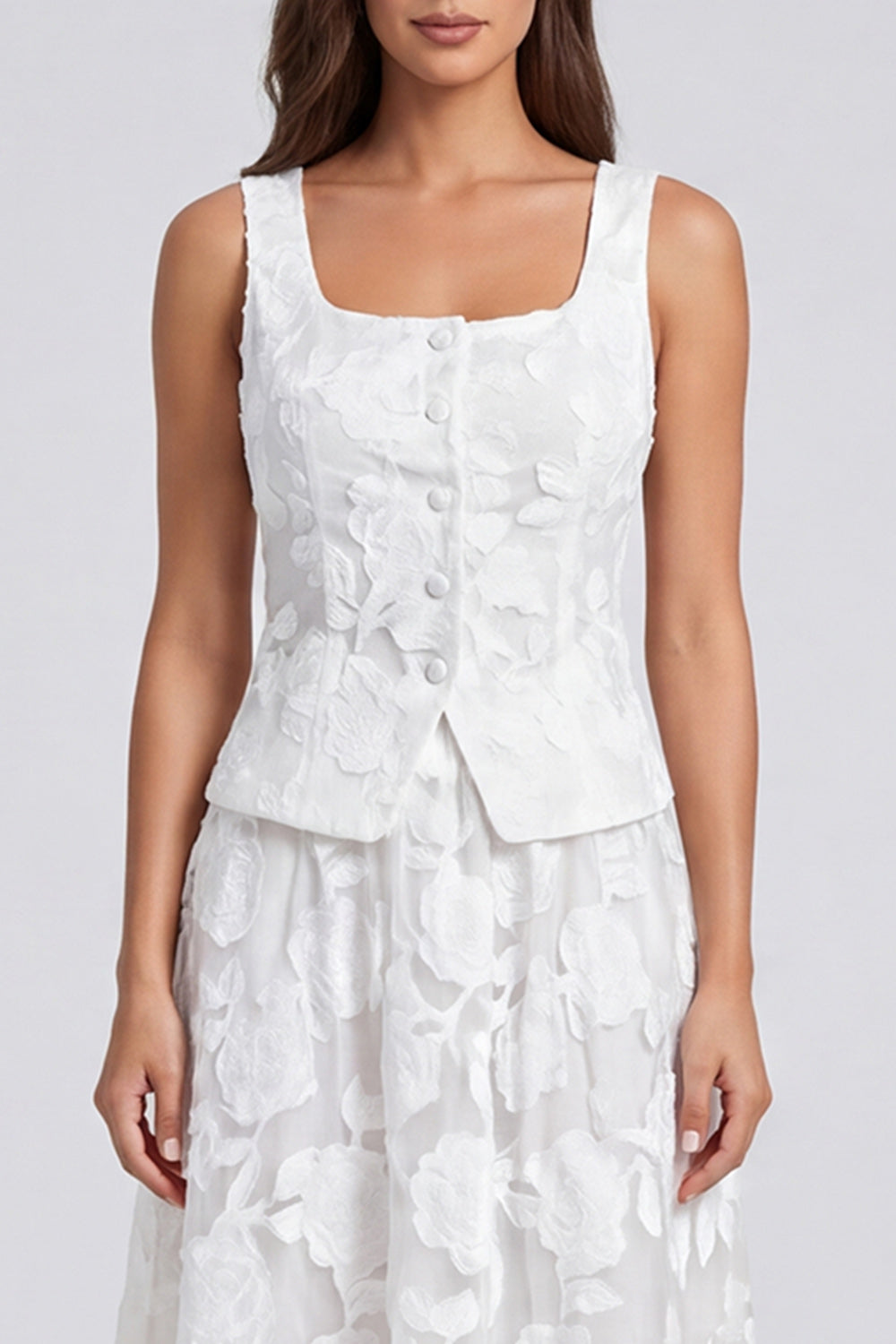 Ivory 2 Piece Single Breasted Scoop Floral Lace Long Work Dress