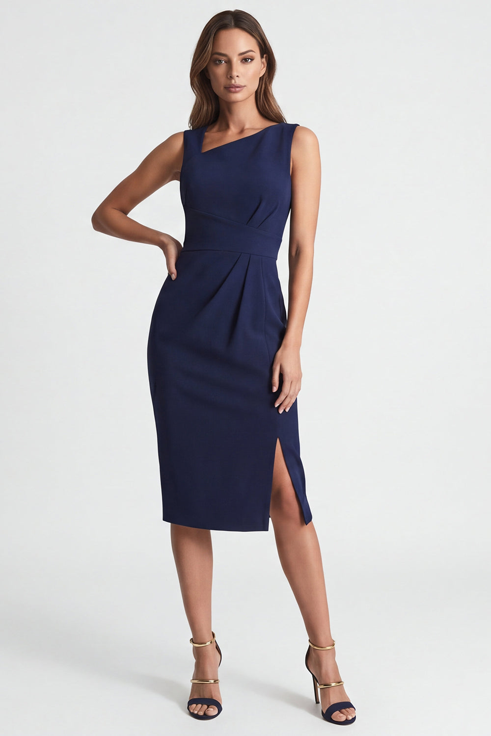 Navy Asymmetrical Neck Ruched Midi Work Dress with Slit