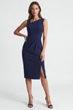 Navy Asymmetrical Neck Ruched Midi Work Dress with Slit