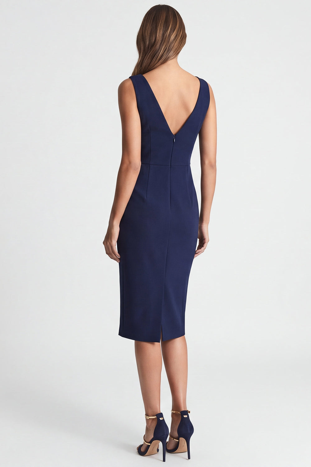 Navy Asymmetrical Neck Ruched Midi Work Dress with Slit