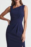 Navy Asymmetrical Neck Ruched Midi Work Dress with Slit