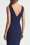 Navy Asymmetrical Neck Ruched Midi Work Dress with Slit