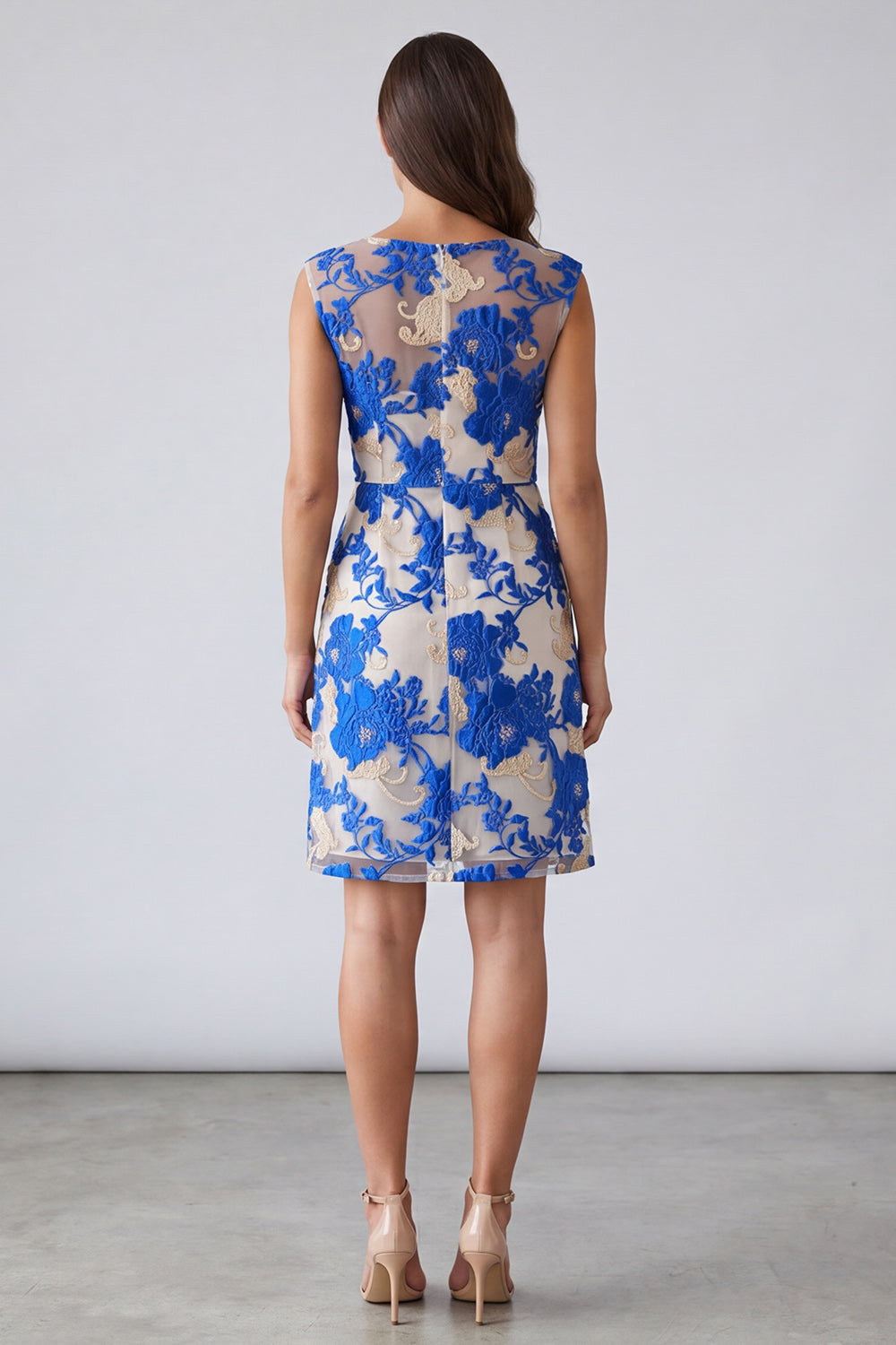 Blue Square Neck Short Floral Work Dress