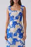 Blue Square Neck Short Floral Work Dress