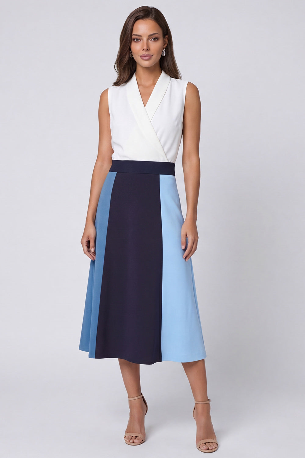 Ivory and Blue Shawl Lapel Color Block Long A Line Work Dress
