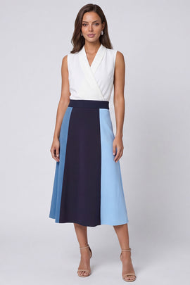 Ivory and Blue Shawl Lapel Color Block Long A Line Work Dress