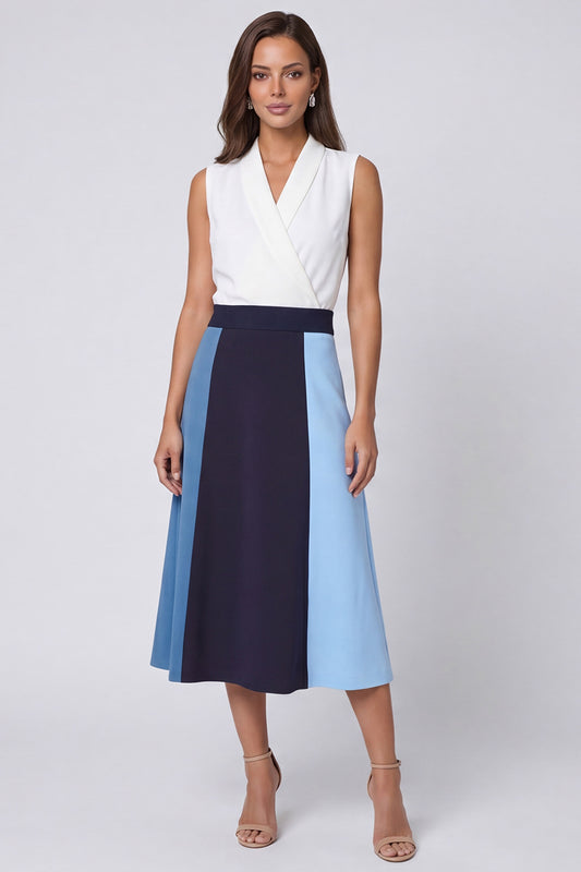 Ivory and Blue Shawl Lapel Color Block Long A Line Work Dress