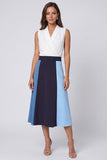 Ivory and Blue Shawl Lapel Color Block Long A Line Work Dress