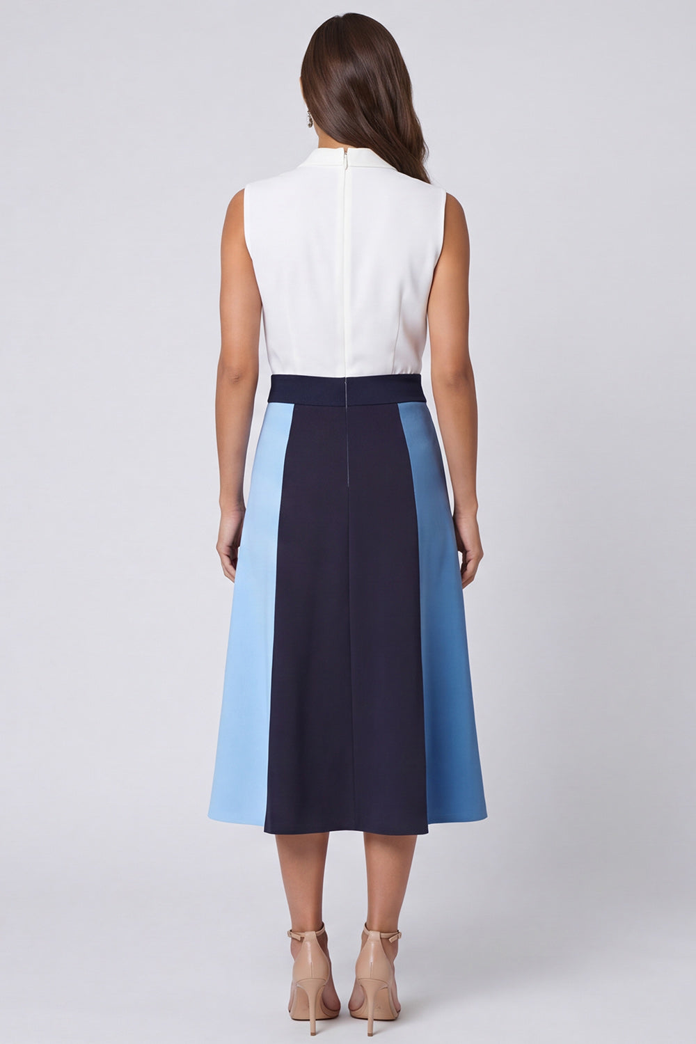 Ivory and Blue Shawl Lapel Color Block Long A Line Work Dress