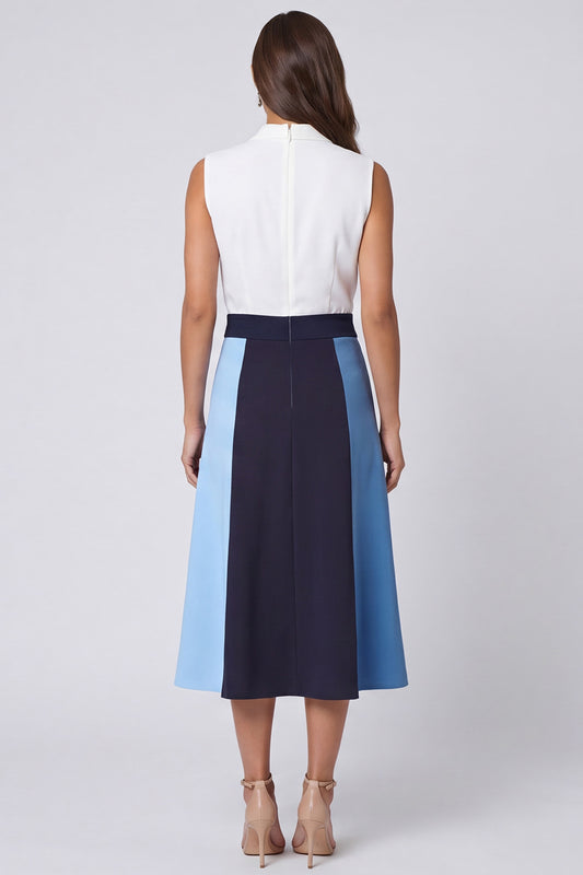 Ivory and Blue Shawl Lapel Color Block Long A Line Work Dress